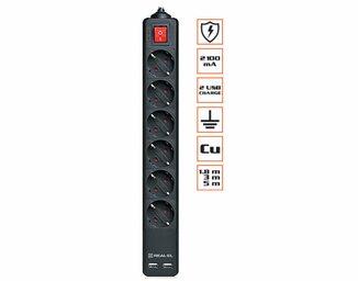 Filtr-listwa REAL-EL RS-6 PROTECT USB 1.8 m czarny, numer zdjęcia 2