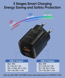 Мережевий зарядний пристрій Choetech PD5006-EU-BK, USB-A/USB-С, numer zdjęcia 5