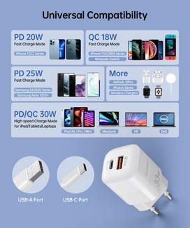 Мережевий зарядний пристрій Choetech PD5006-EU-WH, USB-A/USB-С, фото №8