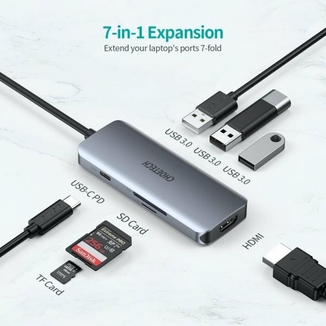 Адаптер Choetech HUB-M19-GY, USB Type-C 7-в-1, док станція (HDMI/PD/картридер/USB-A / USB-C), алюміній, фото №5