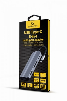 Адаптер Cablexpert A-CM-COMBO8-02, USB Type-C 8-в-1 (USB хаб 3.0/HDMI//VGA/PD/картридер/стерео-аудіо), numer zdjęcia 4
