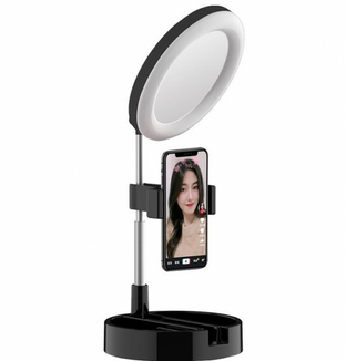 Кольцевая LED лампа 16 см складная настольная с держателем телефона и зеркалом G3, фото №3