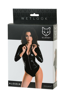 Боді Glossy Alessia з матеріалу Wetlook на блискавки, чорний, фото №2