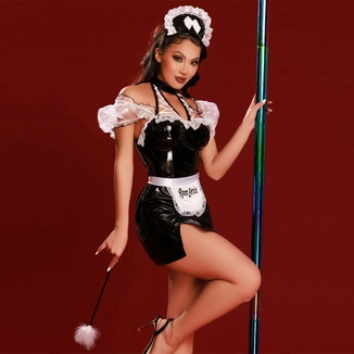 Эротический костюм горничной JSY «Заботливая Ким» L/XL, платье, стринги, фартук, чепчик, метелка, фото №5