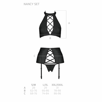 Комплект из эко-кожи с имитацией шнуровки Passion NANCY SET L/XL black, топ, трусики, пояс для чулок, photo number 6