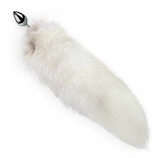 Металлическая анальная пробка с хвостом из натурального меха Art of Sex size M White fox, фото №4