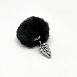 Металлическая анальная пробка Кроличий хвостик Alive Fluffy Twist Plug S Black, диаметр 2,9 см, фото №3