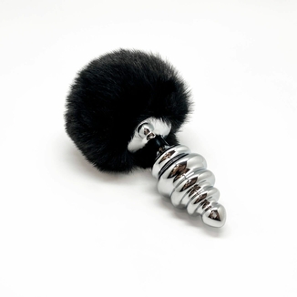 Металлическая анальная пробка Кроличий хвостик Alive Fluffy Twist Plug L Black, диаметр 3,8 см, numer zdjęcia 3