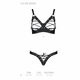 Комплект из экокожи Passion CELINE BIKINI S/M, black, открытый бра с лентами, стринги со шнуровкой, photo number 6