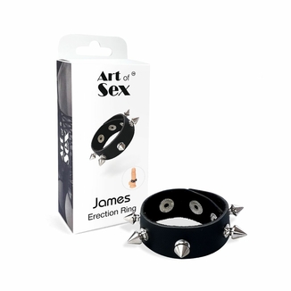 Эрекционное кольцо с шипами из натуральной кожи Art of Sex - James, цвет Черный, фото №5