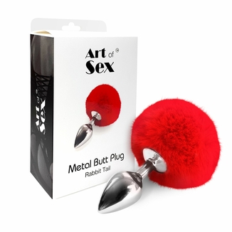 Металлическая анальная пробка М Art of Sex - Metal Butt plug Rabbit Tail, Красный, фото №4