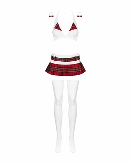 Эротический костюм школьницы с мини-юбкой Obsessive Schooly 5pcs costume S/M, бело-красный, топ, юбк, numer zdjęcia 6