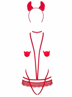 Эротический костюм чертика из стреп Obsessive Evilia teddy red L/XL, боди, чокер, накладки на соски,, photo number 4