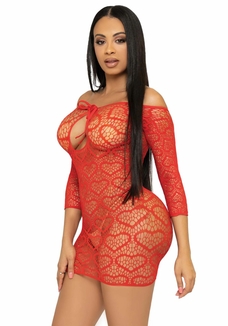 Платье-сетка с сердечками Leg Avenue Heart net mini dress Red, завязки, открытые плечи, one size, фото №5