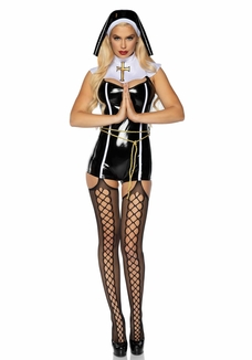Виниловый костюм монашки Leg Avenue Sinful Sister L, комбинезон, воротник, пояс, головной убор, photo number 4