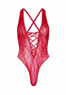 Кружевное боди Leg Avenue Floral lace thong teddy Red, шнуровка на груди, one size, фото №5