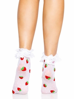 Носки женские с клубничным принтом Leg Avenue Strawberry ruffle top anklets One size, кружевные манж, photo number 4