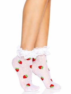 Носки женские с клубничным принтом Leg Avenue Strawberry ruffle top anklets One size, кружевные манж, фото №5
