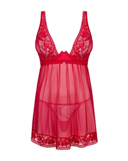 Прозрачная сорочка бэби-долл Obsessive Lacelove babydoll & thong M/L Red, кружево, стринги, numer zdjęcia 4