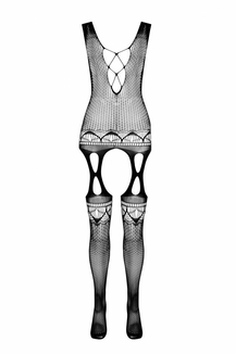 Бодистокинг с плетением на груди Passion BS099 One Size, black, открытый доступ, имитация подвязок, numer zdjęcia 4