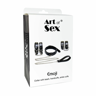 Набор BDSM Art of Sex - Emoji, наручники, поножи, ошейник с поводком, экокожа, черный, photo number 6