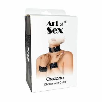 Кожаный чокер с манжетами Art of Sex - Leather Chezarro, фото №4