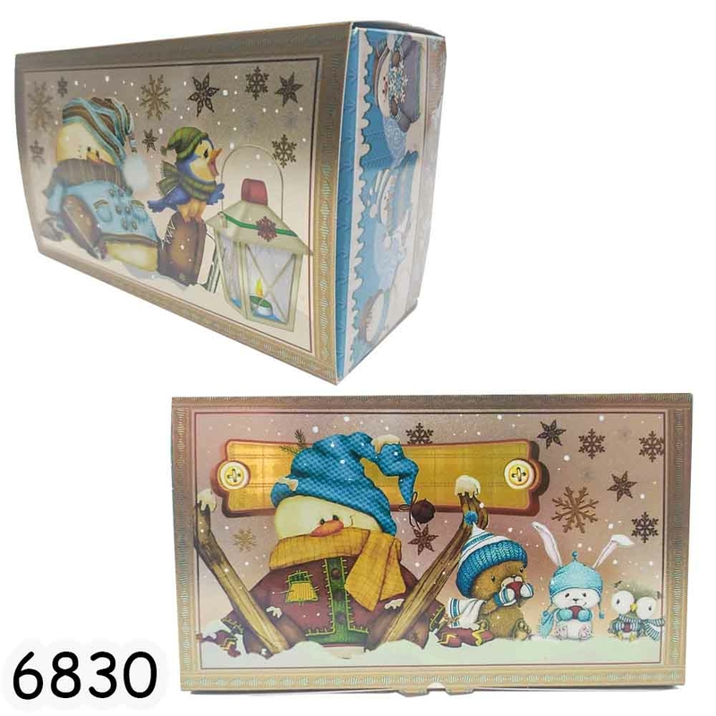 Новогодняя коробка шкатулка картонная металлизированная Сниговики 700г арт. 6830 (10шт)