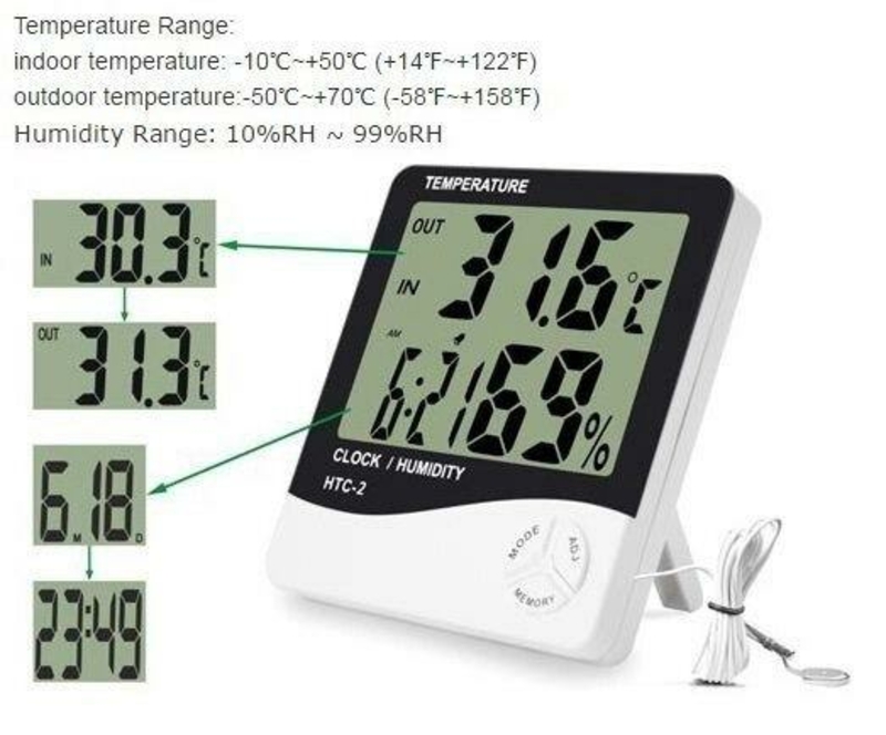 Цифровой термометр гигрометр Htc-2 с выносным датчиком температуры, фото №2
