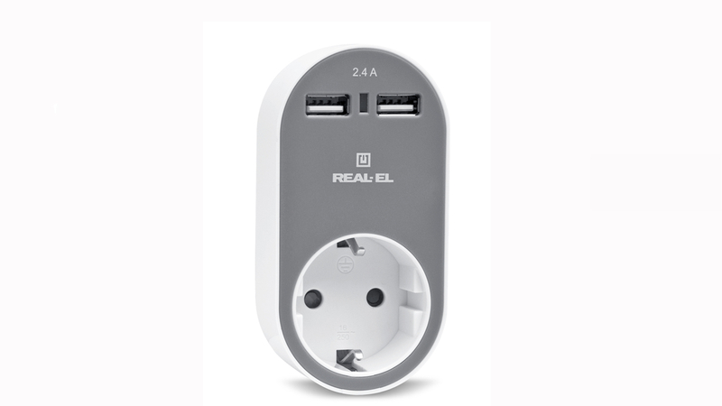 Зарядное USB-устройство c розеткой REAL-EL CS-20 белый-серый, фото №2