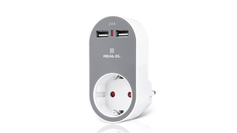 Зарядное USB-устройство c розеткой REAL-EL CS-20 белый-серый, фото №3