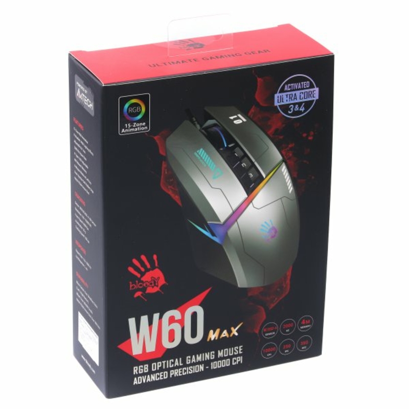 Миша ігрова A4Tech W60 Max Bloody (Gun Grey), RGB, 10000 CPI, 50M натискань, сірий, numer zdjęcia 9