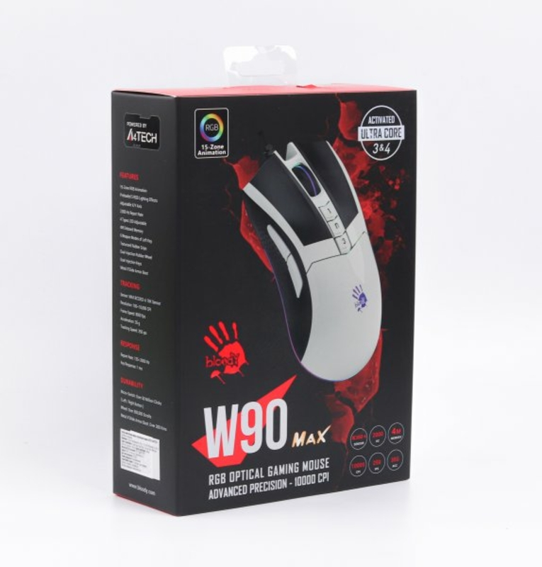 Миша ігрова A4Tech Bloody W90 Max (Panda White), RGB, 10000 CPI, 50M натискань, активоване ПЗ Bloody, колір білий+чорний, фото №8