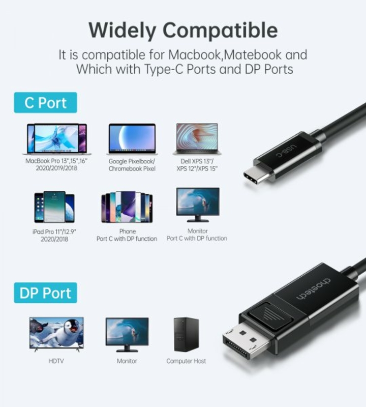 Кабель Choetech XCP-1803-BK, USB-C на DisplayPort, 1,8м, фото №4