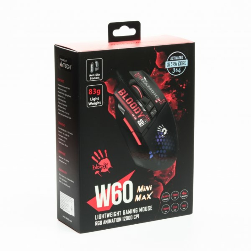 Миша ігрова W60 Max Mini Bloody,чорна, активоване ПЗ, RGB, 12000 CPI, 30M натискань, чорна, фото №11
