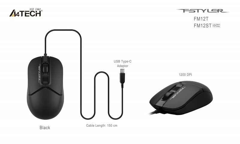 Миша A4Tech Fstyler FM12T (Black), USB, колір чорний, фото №10