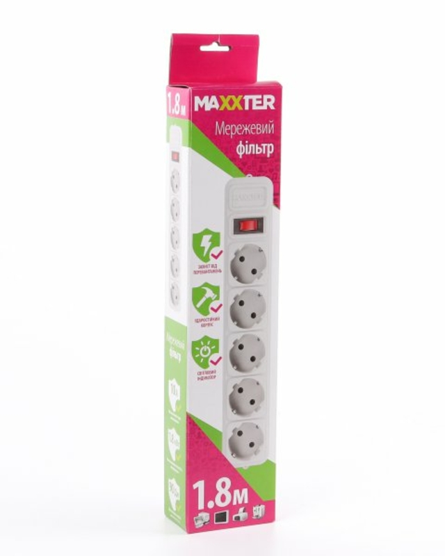 Мережевий фільтр Maxxter SPM5-G-6G, 1.8 м. кабель, 5 розеток, сірого кольору, фото №3