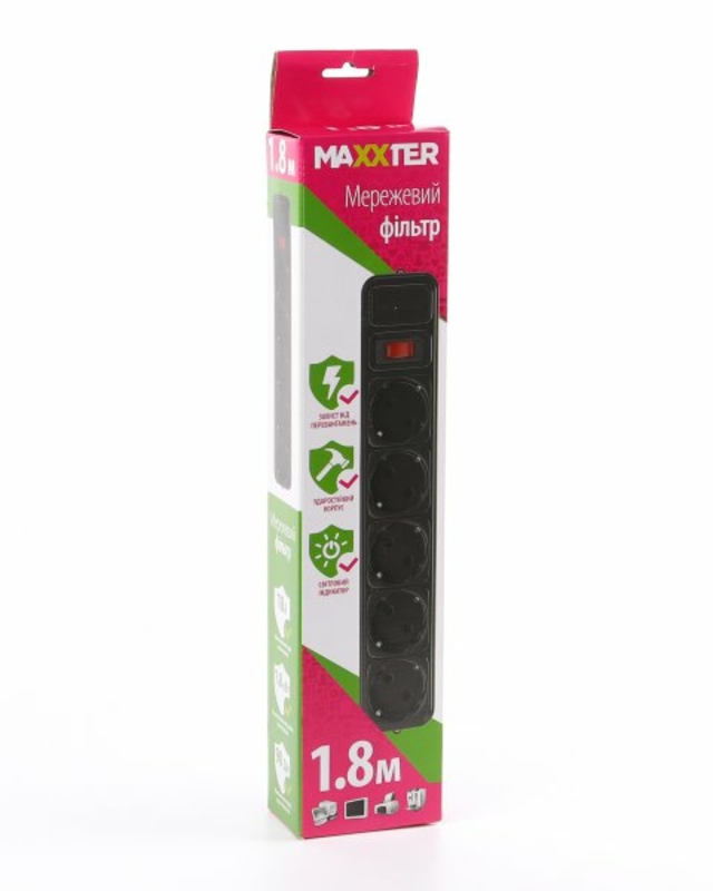 Мережевий фільтр Maxxter SPM5-G-6В чорний, 1.8 м кабель, 5 розеток, photo number 3