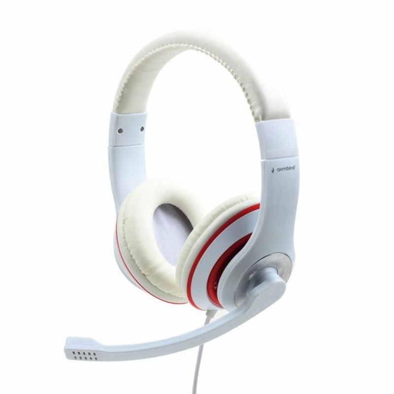 Навушники стерео накладні, з мікрофоном, 3.5 Jack 1x4-pin, білий з червоним, фото №2