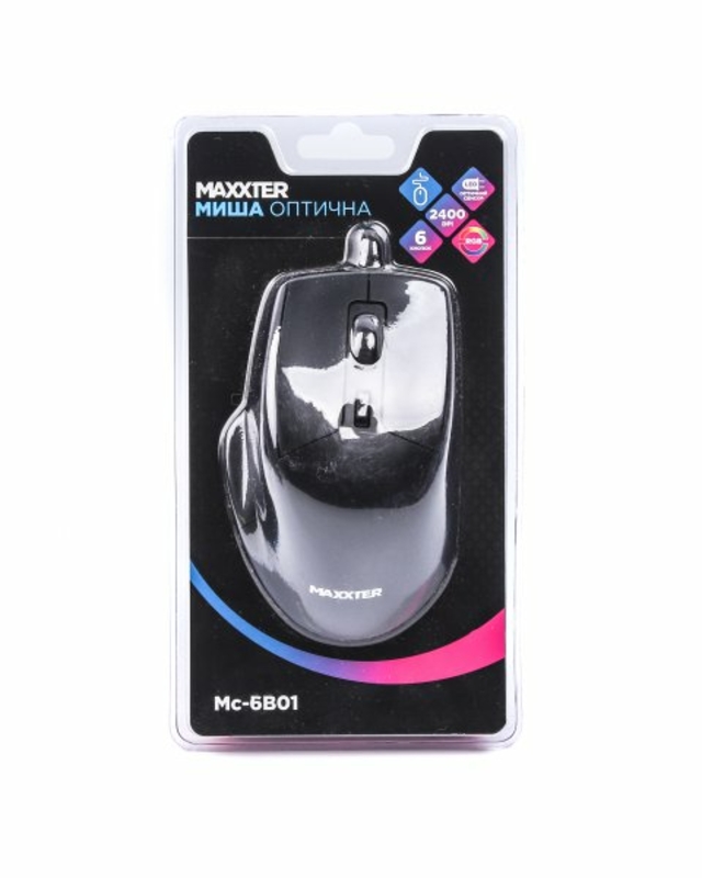 Миша дротова Mc-6B01, оптична, ергономічна, 6 кнопок, 2000. DPI, USB, чорна, фото №5
