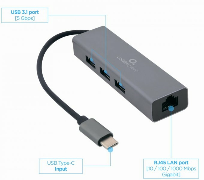 Адаптер Cablexpert A-CMU3-LAN-01, з USB Type-C на Gigabit Ethernet + хаб 3xUSB 3.1 Gen1, фото №3
