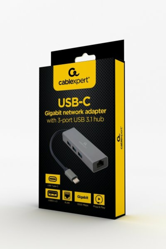 Адаптер Cablexpert A-CMU3-LAN-01, з USB Type-C на Gigabit Ethernet + хаб 3xUSB 3.1 Gen1, фото №4