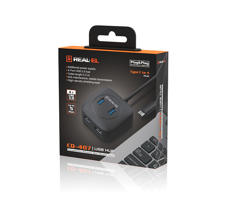 USB концентратор REAL-EL CQ-407, Type-C, 4 порта USB 3.0, чорний, numer zdjęcia 11