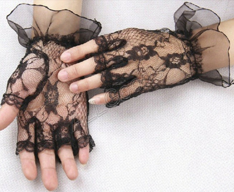 Перчатки кружевные полпальца с кружевом на запястье (p228) Черные, фото №5