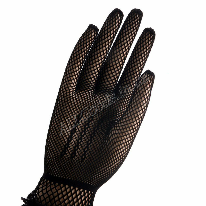 Перчатки закрытые короткие сетка с кружевом на запястье Черные (p329-black), фото №7