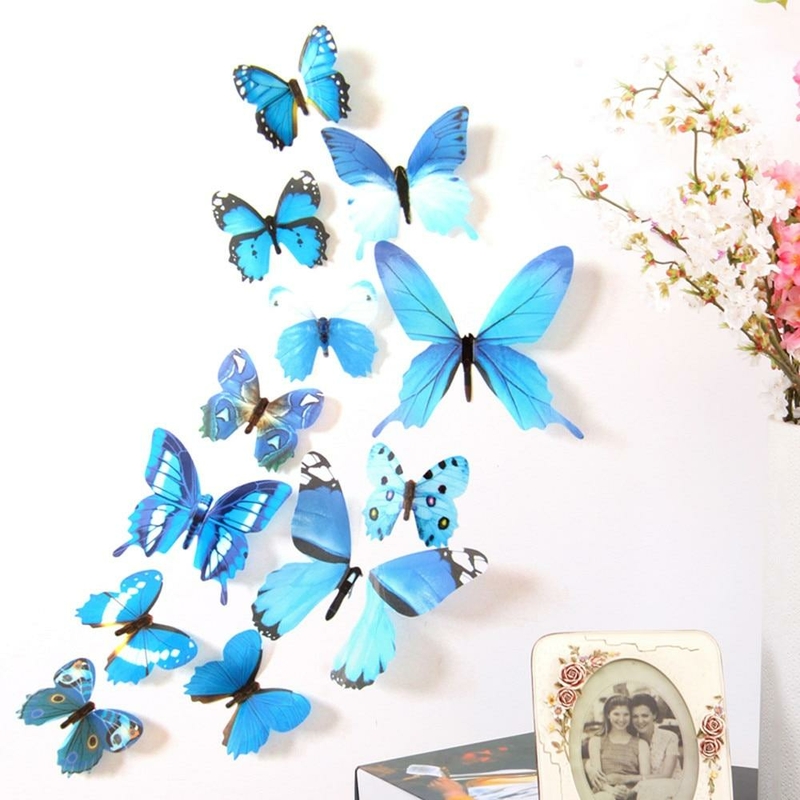 Бабочки наклейки 3D 12 шт /уп. Голубые, фото №2
