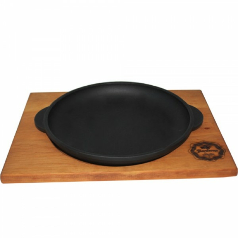 Сковорода чугунная литая 18 см с деревянной подставкой 00-00015833, Т101