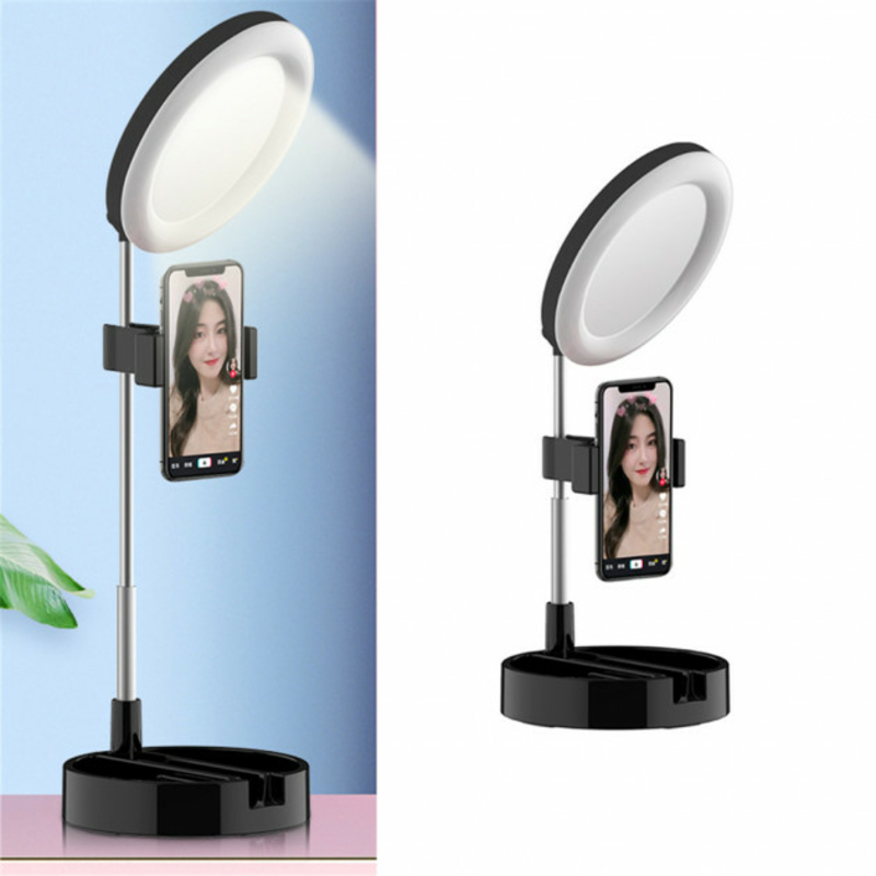 Кольцевая LED лампа 16 см складная настольная с держателем телефона и зеркалом G3, фото №2