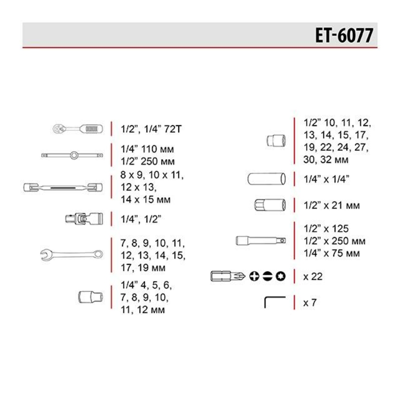 Набор инструмента Intertool - 1/4", 1/2" 77 ед. (ET-6077), photo number 5