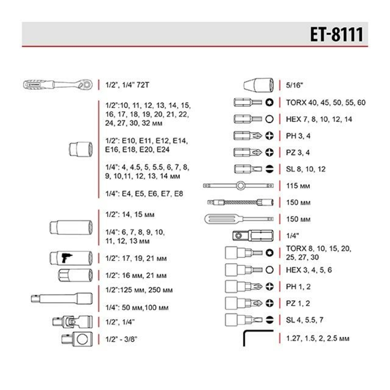 Набор инструмента Intertool - 1/4" x 1/2 111 ед. Storm (ET-8111), photo number 7