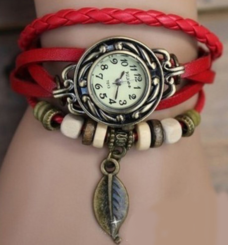Часы-браслет с подвеской листик Красные